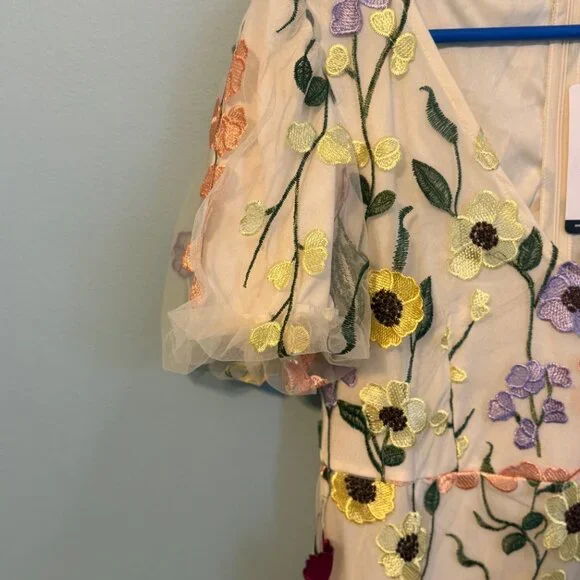Anewsta Embroidered Floral Applique Mini Dress - Ivory Multi - Size Large - Picture 6 of 10